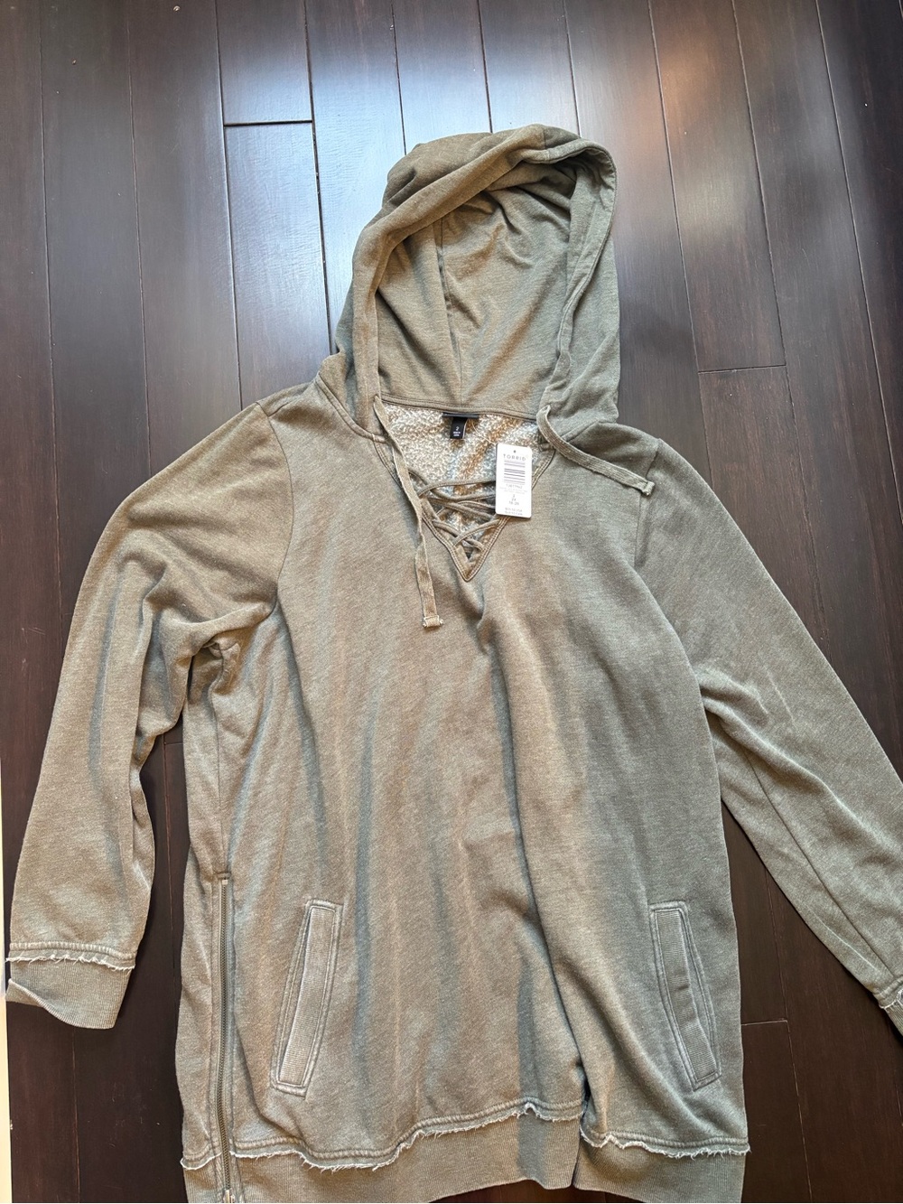 Torrid Casual Hooded Lace-Up Pullover Shirt - Olive Green